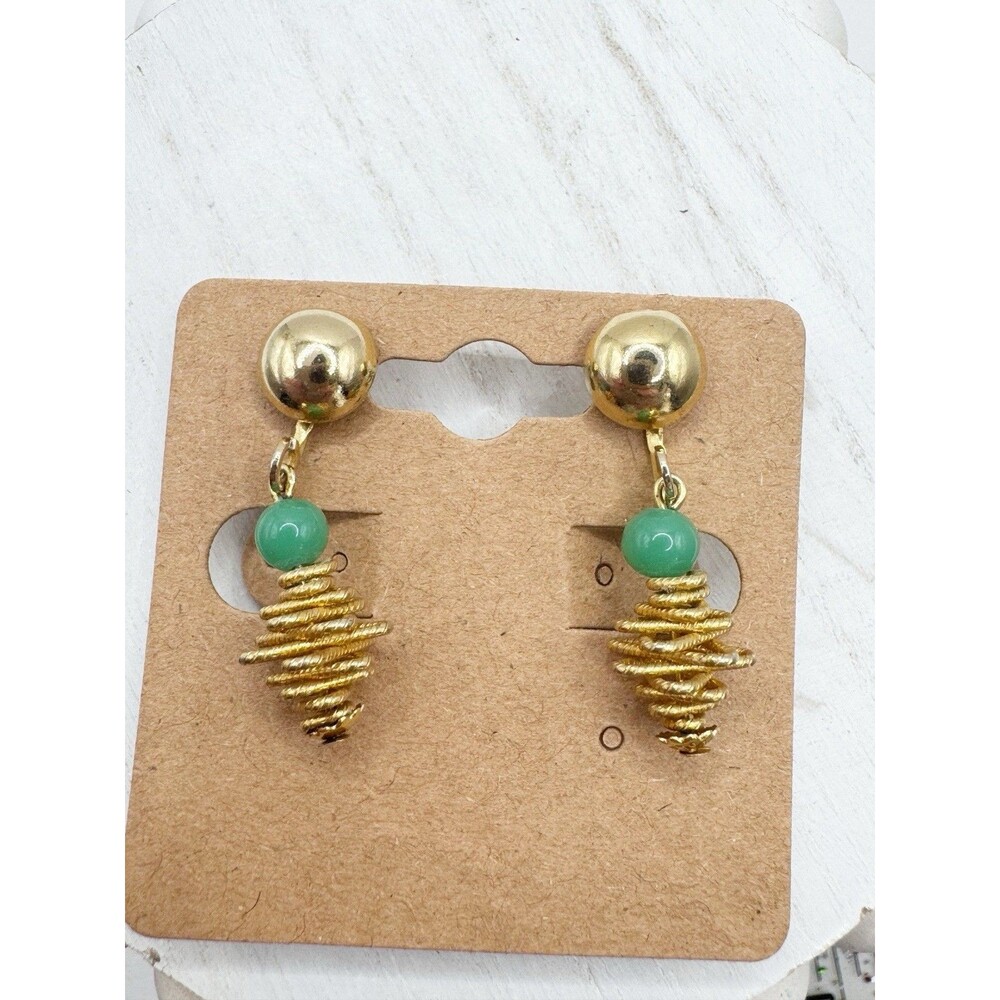 Vintage Jade Glass Gold Tone Atomic Drop Earrings Clip On Lightweight Retro MCM